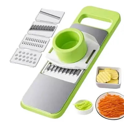 Multifunctional vegetable chopper with various attachments on a white background