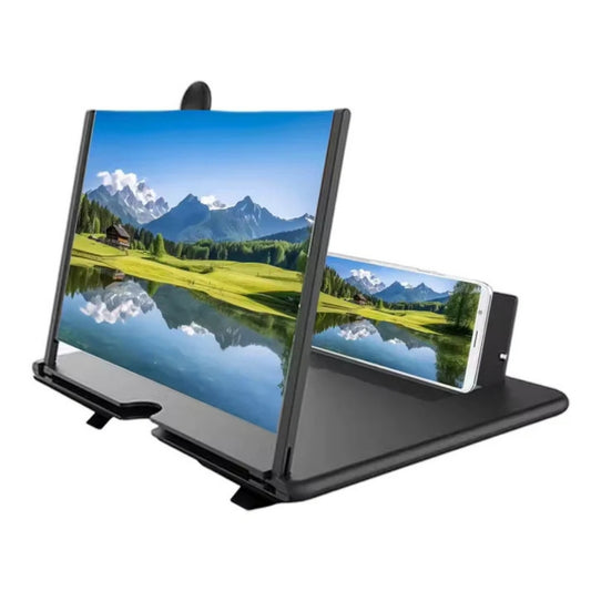 Phone screen magnifier displaying a scenic view with a smartphone on a white background