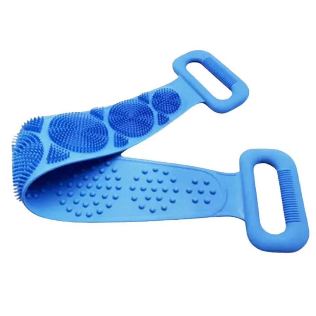 Blue silicone scrubber with handle on a white background