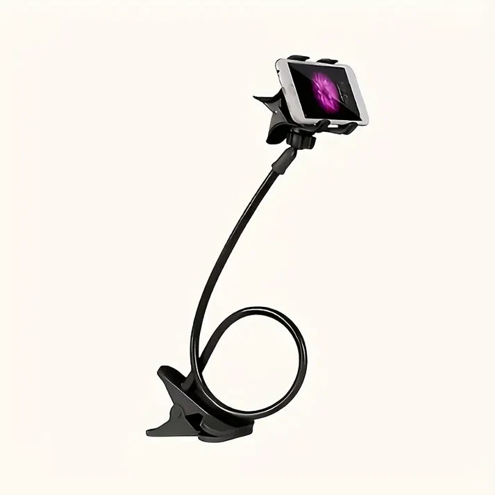 Black phone holder with a flexible arm on a white background