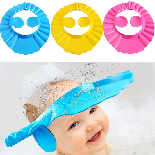 Three colorful shower caps on top with a baby wearing a blue cap in the bottom part of the image.