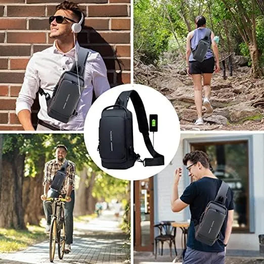 Collage of a man using a black crossbody bag in various settings.