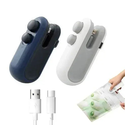 Two handheld vacuum cleaners, one blue and one white, with USB cables on a white background.