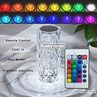 16 Colors Crystal Rose Lamp – Touch & Remote Bedside Light