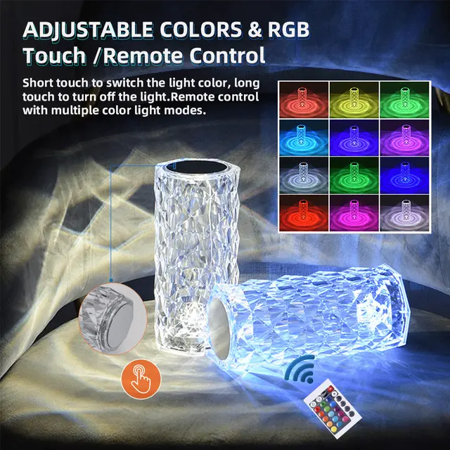 16 Colors Crystal Rose Lamp – Touch & Remote Bedside Light