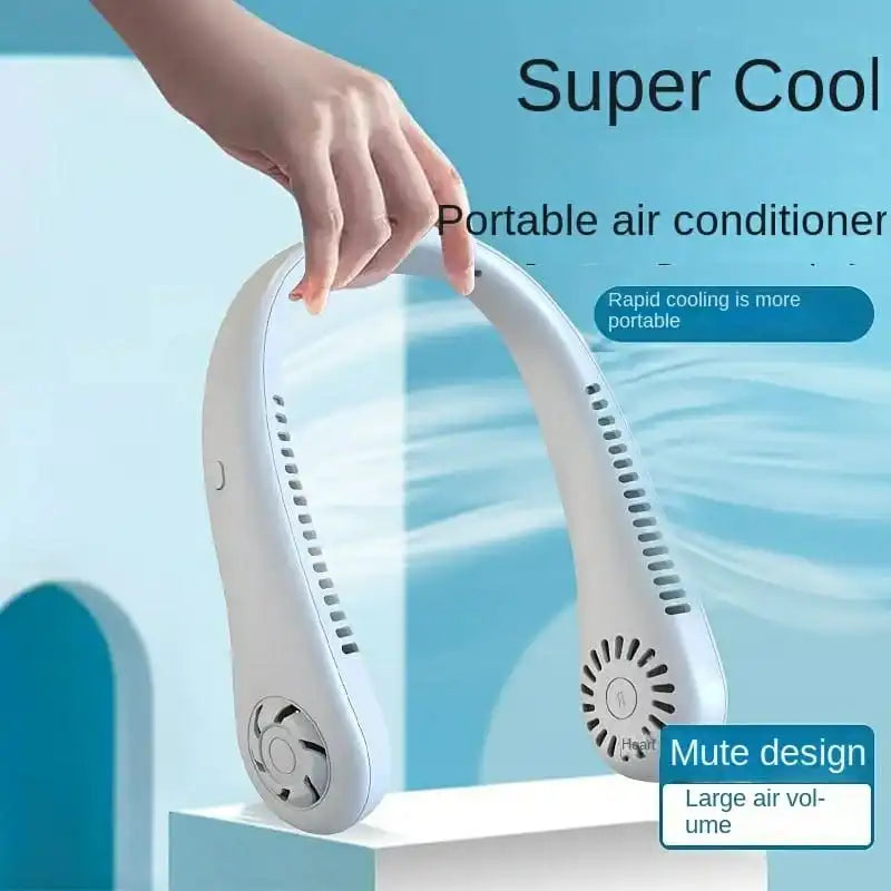 Portable air conditioner held by a hand with text highlighting features on a blue background