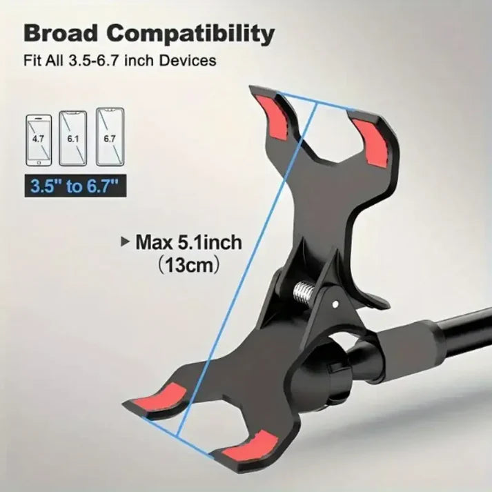 Phone holder with compatibility information for devices 3.5 to 6.7 inches on a gray background