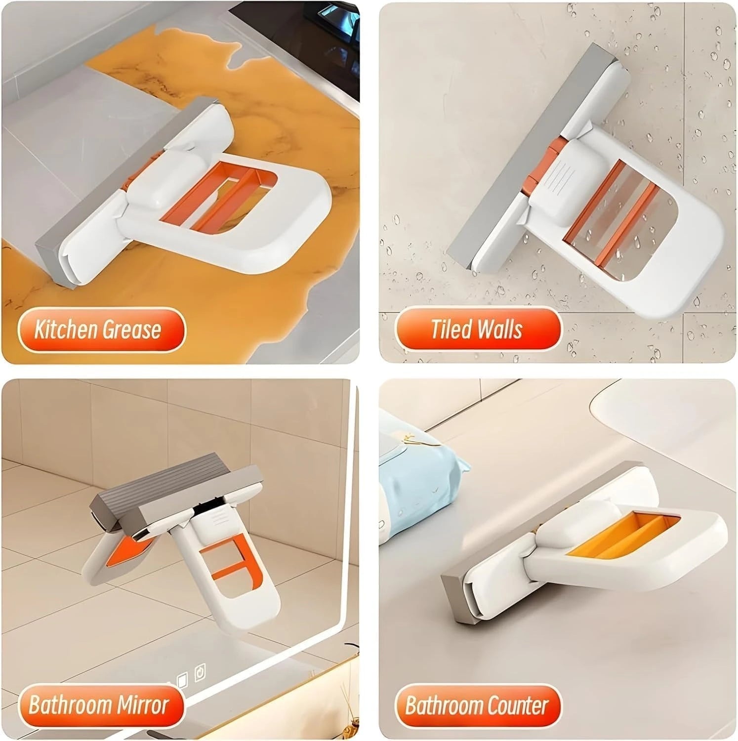 Multifunctional cleaning tool used on kitchen grease, tiled walls, bathroom mirror, and counter.