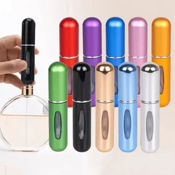 Set of colorful perfume bottles with a hand holding one bottle against a gradient background.