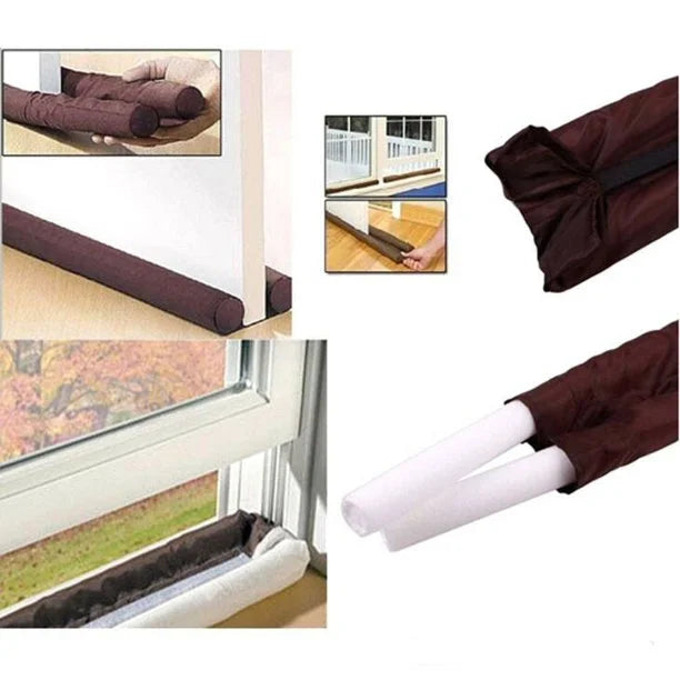 Brown window seal with white foam strip, shown in use and rolled up.