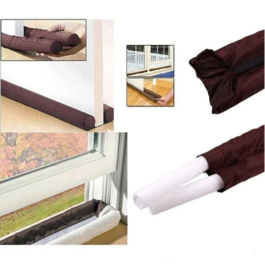 Brown window seal with white foam strip, shown in use and rolled up.