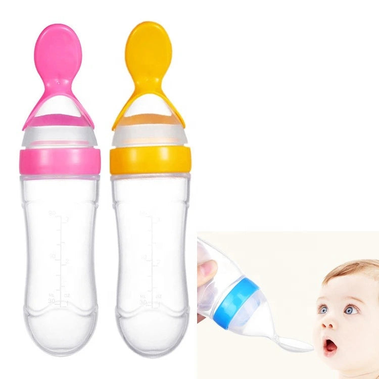 Two colorful baby feeding spoons with a small inset of a baby looking at them.
