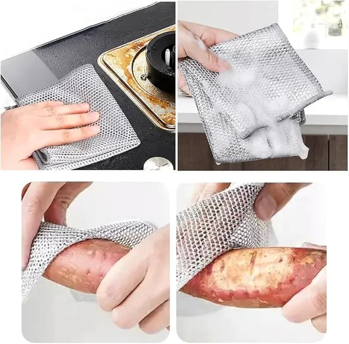 Metal mesh scrubber being used to clean various surfaces including a sink, pot, and bowl.
