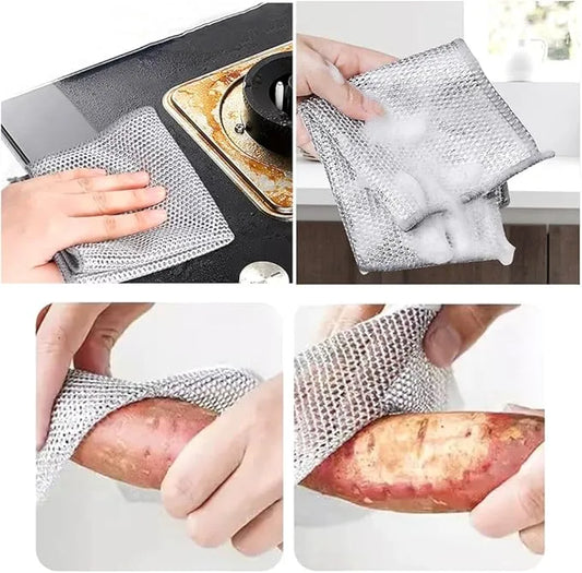 Metal mesh scrubber being used to clean various surfaces including a sink, pot, and bowl.