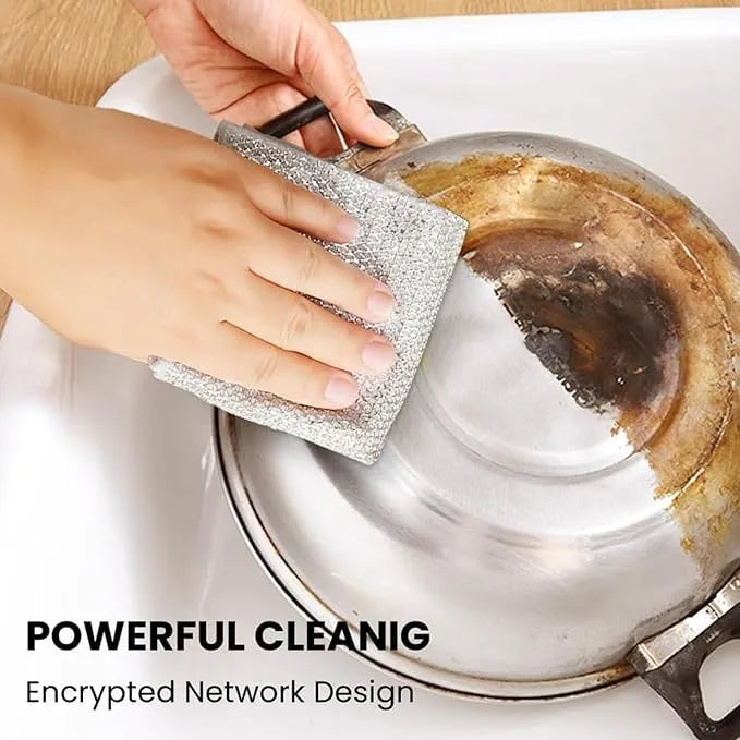Person cleaning a greasy pan with a scrubber, with text 'Powerful Cleaning' and 'Encrypted Network Design'.