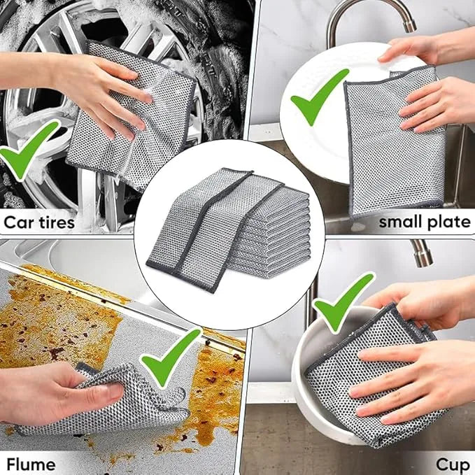 Mesh scrubber being used on car tires, a small plate, flume, and a cup with cleaning results shown.