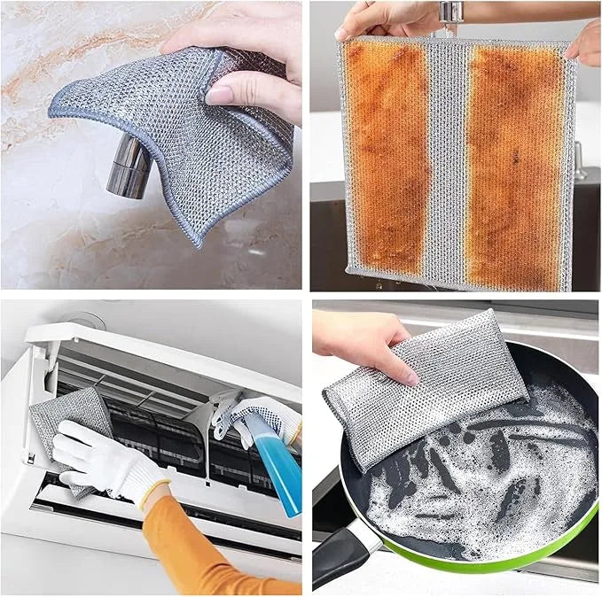 Collage of a metal scrubber being used to clean various surfaces including a sink, air filter, and frying pan.