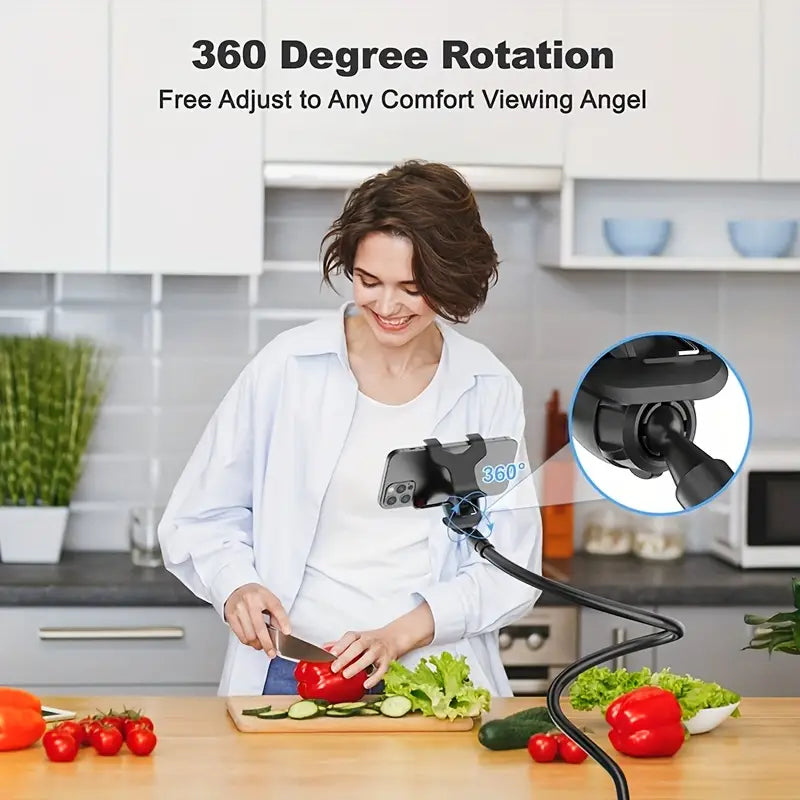 Woman in a kitchen using a smartphone holder with 360-degree rotation feature.