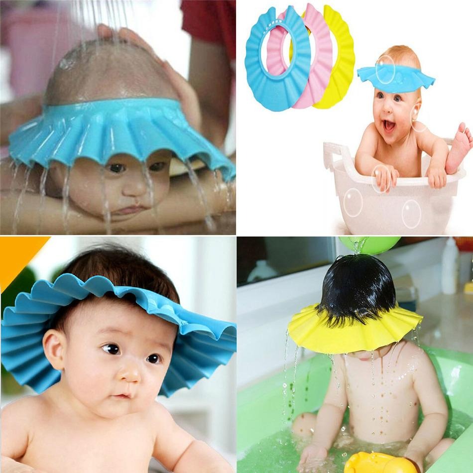 Baby shower caps in use and displayed with a baby in a bathtub.