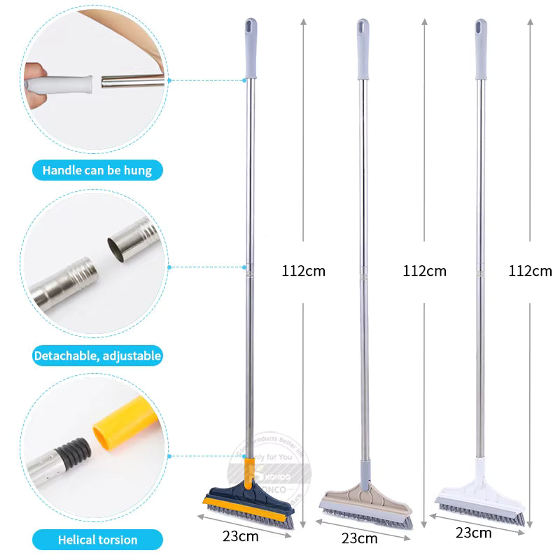 Three long-handled floor sweepers shown on a white background with measurement labels and feature callouts. The image includes inset close-ups of the handle, metal connector, and yellow protective cap, with text noting adjustable 112cm handles, detachable parts, and a 23cm sweeping head.