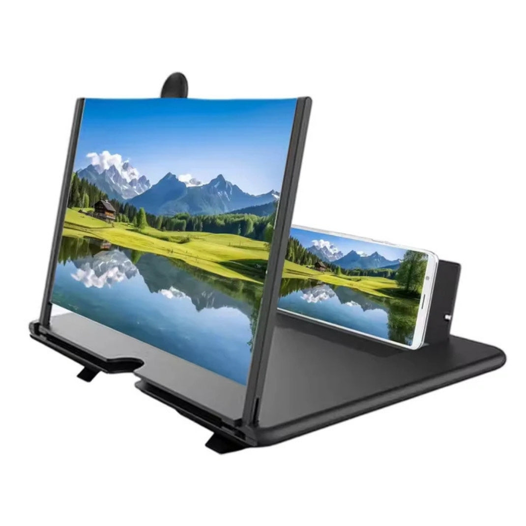 Phone screen magnifier displaying a scenic view with a smartphone on a white background