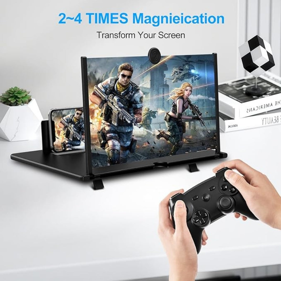 Phone screen magnifier displaying a gaming scene with a person holding a controller.