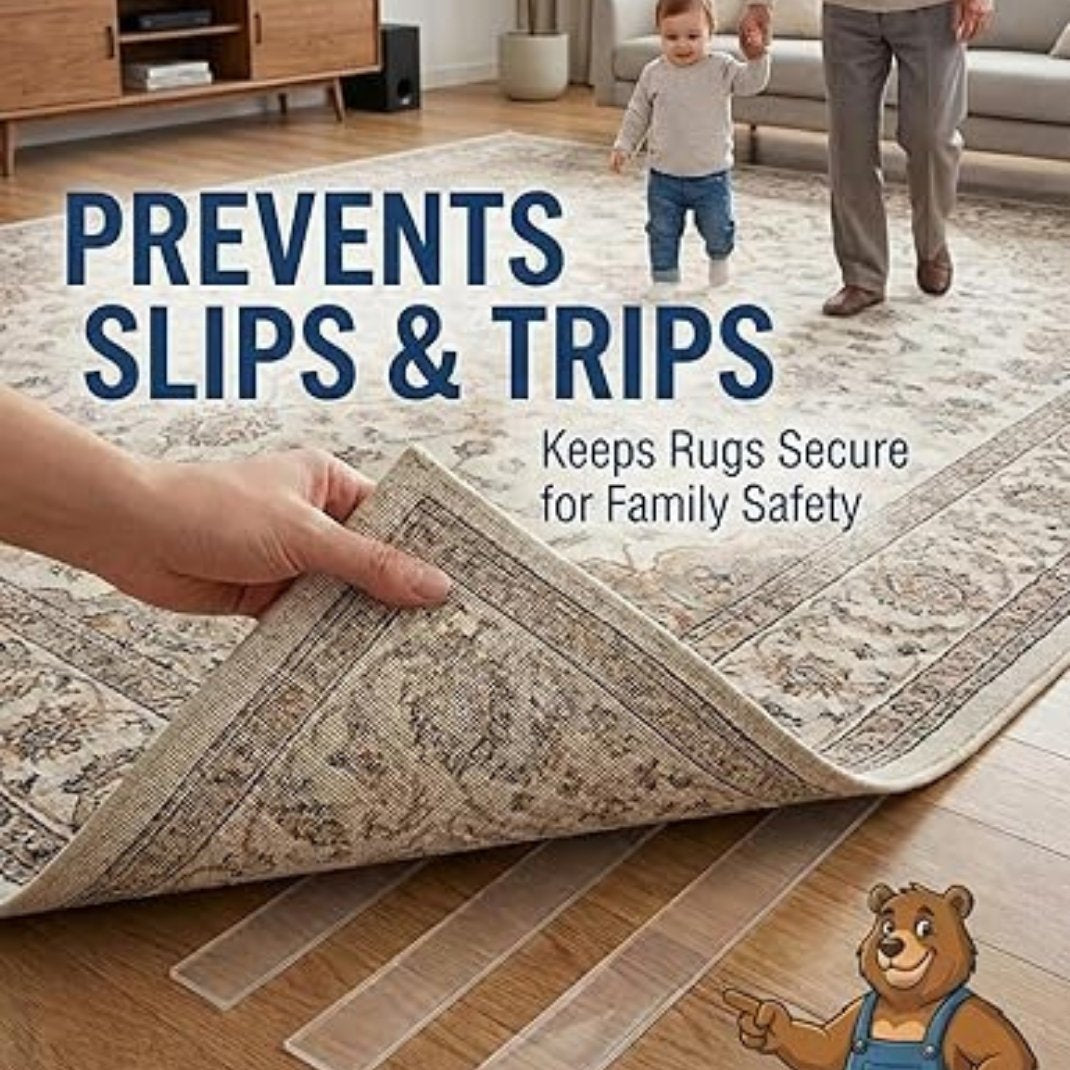 Person holding a rug with text 'Prevents Slips & Trips' and 'Keeps Rugs Secure for Family Safety' in a living room setting.