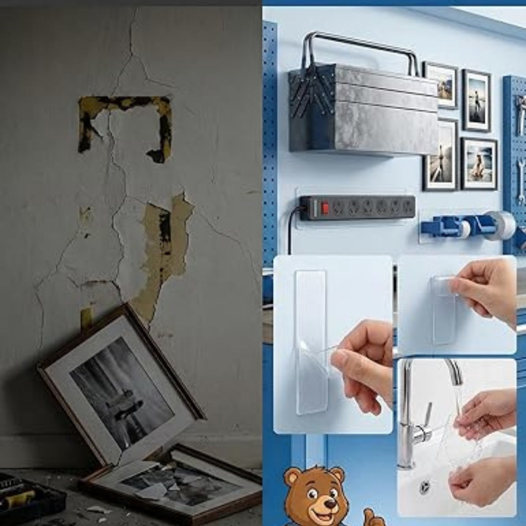 Collage of a wall repair process, a toolbox, and hands using a tool.