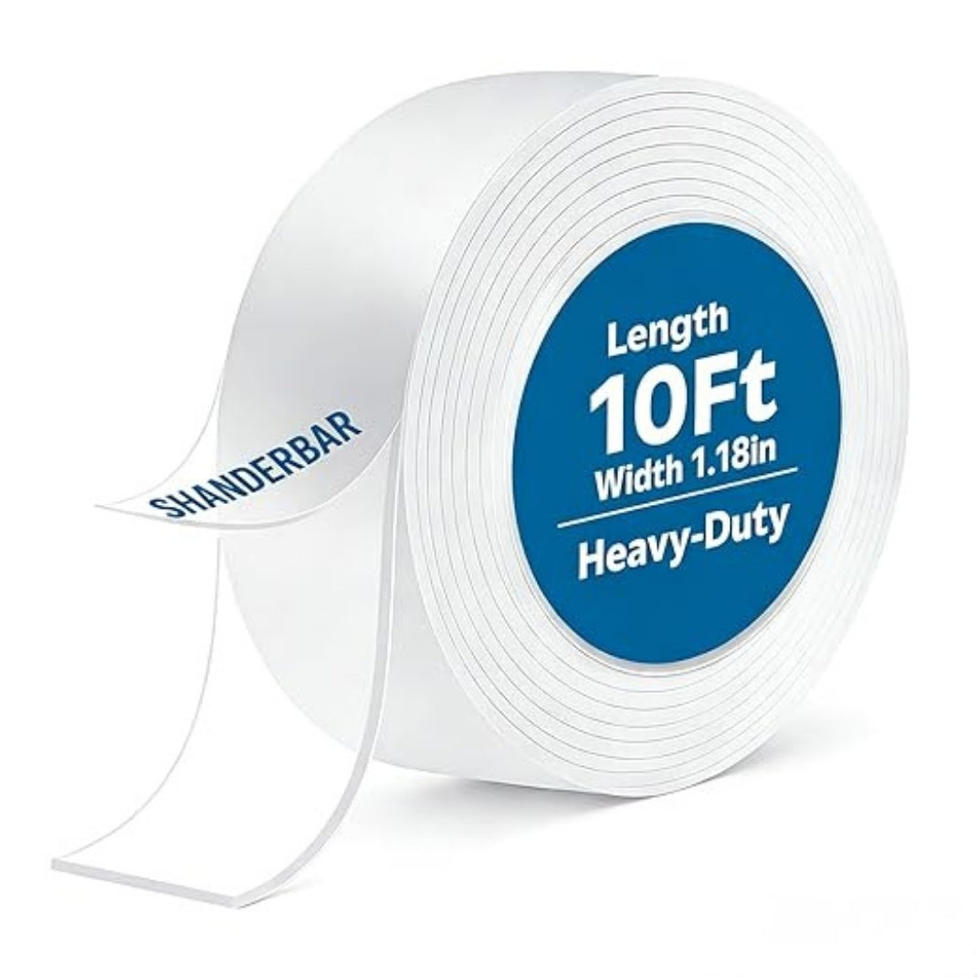 Roll of white tape with blue label indicating length and width on a white background