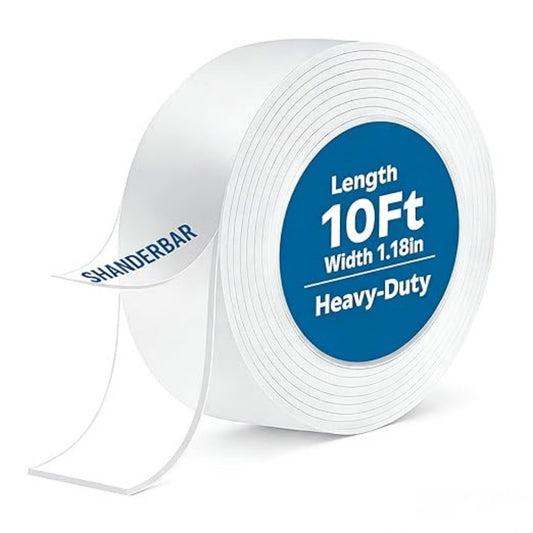 Roll of white tape with blue label indicating length and width on a white background