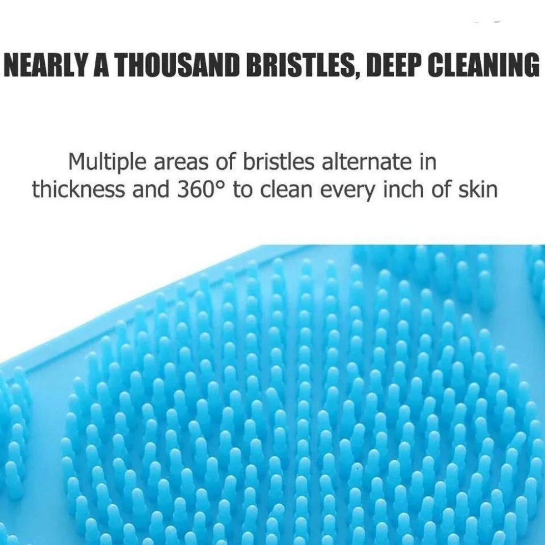 Blue scrubber with bristles and text about deep cleaning.
