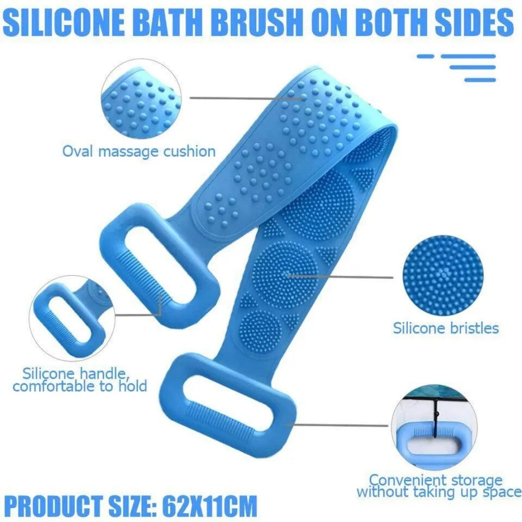 Blue silicone bath brush with features highlighted on a white background