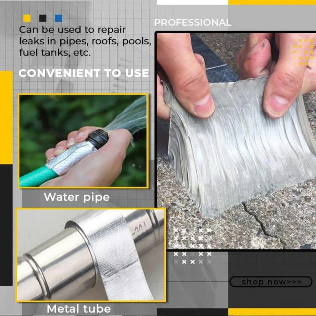 Product advertisement showing a roll of tape being used on a water pipe and metal tube, with text indicating its use for repairing leaks.