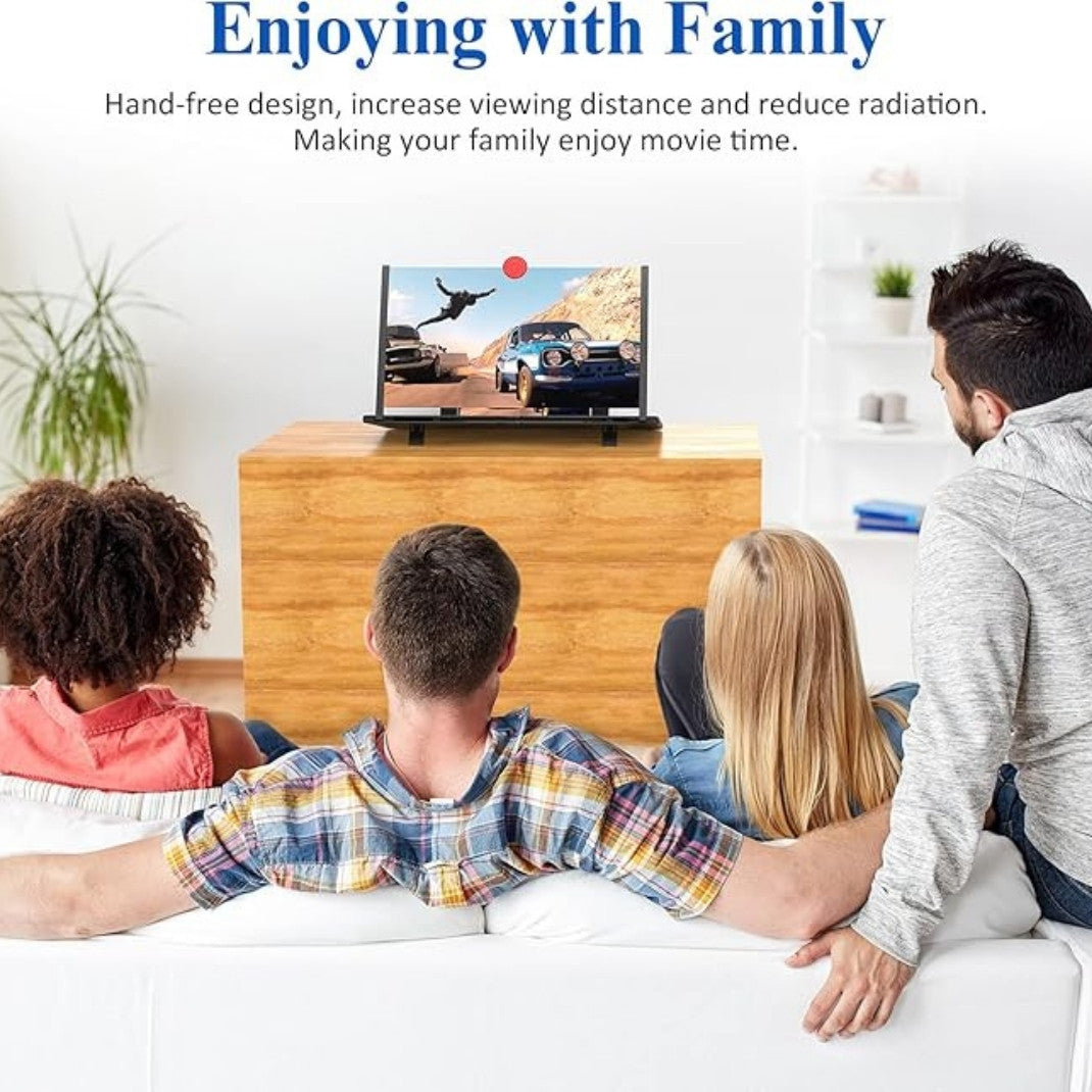Family watching a movie on a TV with text about hand-free design and family enjoyment.