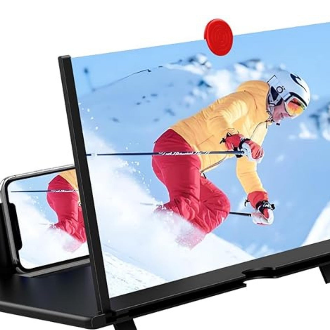Smartphone with a screen magnifier displaying a skier on a snowy slope.