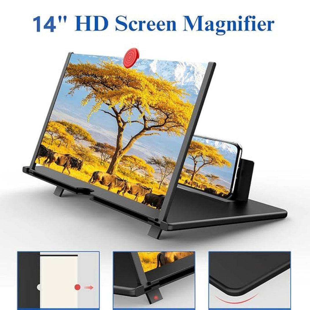 14" HD Screen Magnifier displaying an African savanna scene with animals and trees.
