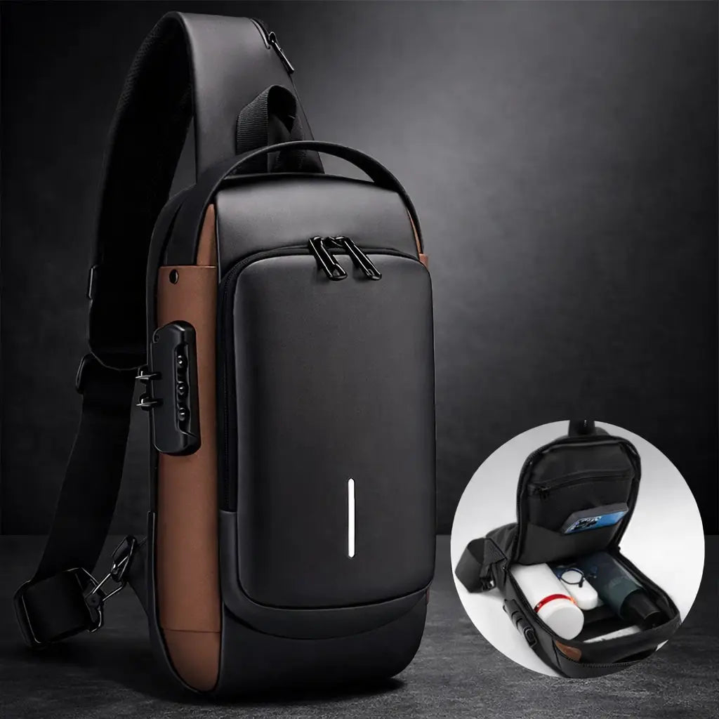 Black and brown sling bag with a close-up inset showing interior details on a dark background