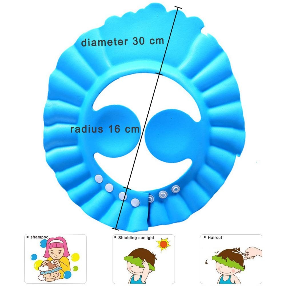 Blue shower cap with measurements and uses indicated on a white background