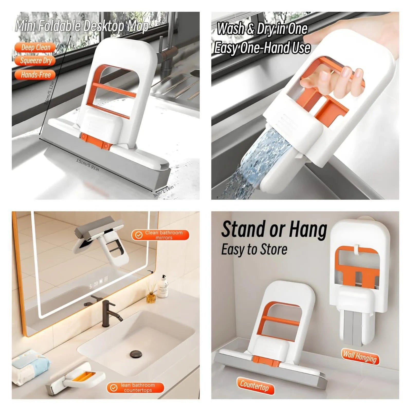 Mini foldable desktop mop with features highlighted on a white background