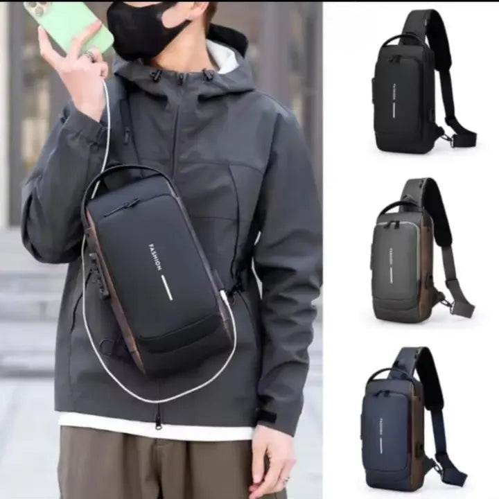 Person wearing a black crossbody bag with additional images of the bag on a white background.