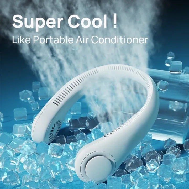 Portable air conditioner with ice cubes and steam, labeled 'Super Cool! Like Portable Air Conditioner'.