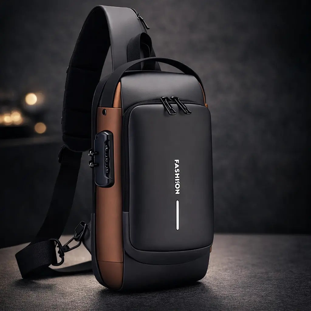 Black and brown crossbody bag with 'FASHION' text on a dark background