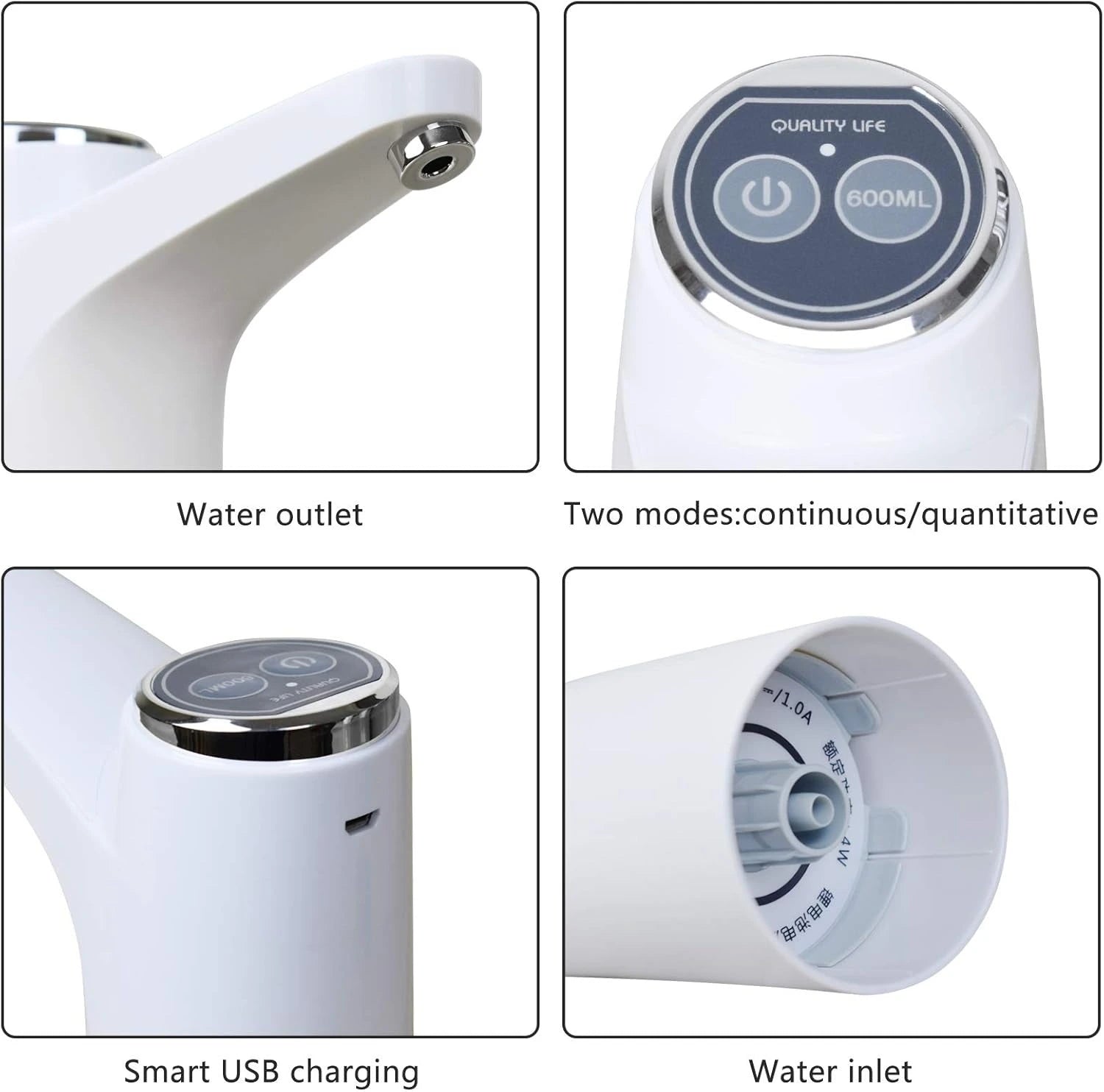 Collage of a water dispenser with features including water outlet, two modes, smart USB charging, and water inlet.