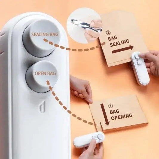 White sealing machine with instructions on bag opening and sealing on a peach background