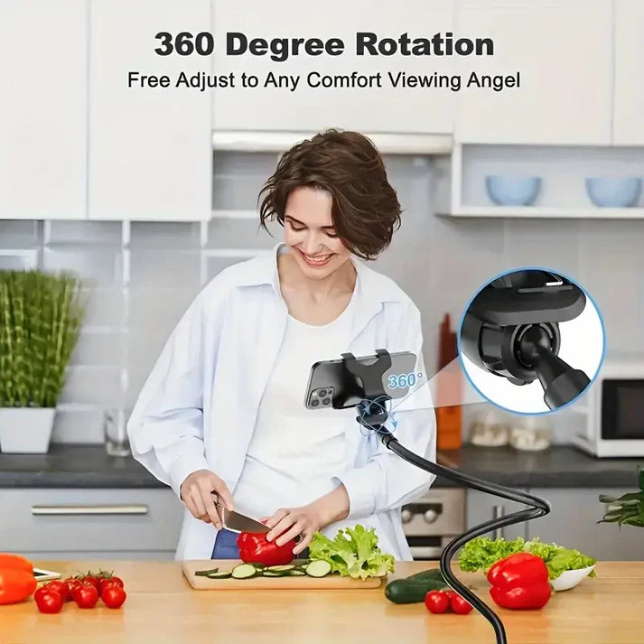 Woman in a kitchen using a smartphone holder with 360-degree rotation feature.