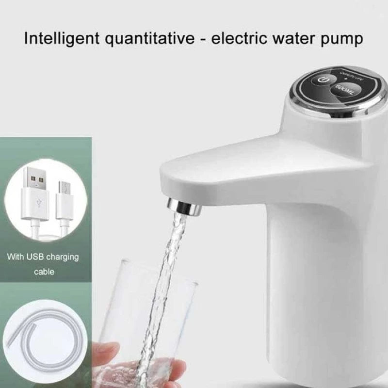 White electric water pump with USB charging cable on a white background