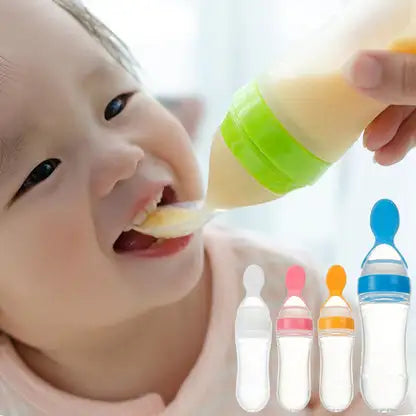 Baby being fed with a bottle and four different colored bottles shown below.