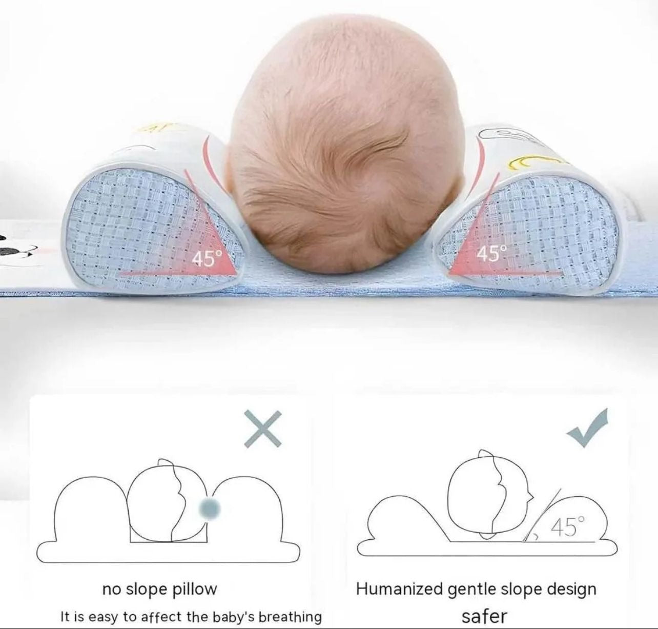 Newborn baby using a pink head shaping pillow in a crib for flat head prevention.
