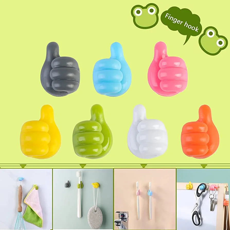 Eight finger hook wall hooks in assorted colors (gray, blue, pink, yellow, green, white, orange) are displayed on a light green background, with three smaller lifestyle inset photos at the bottom showing them mounted in bathroom and kitchen settings.